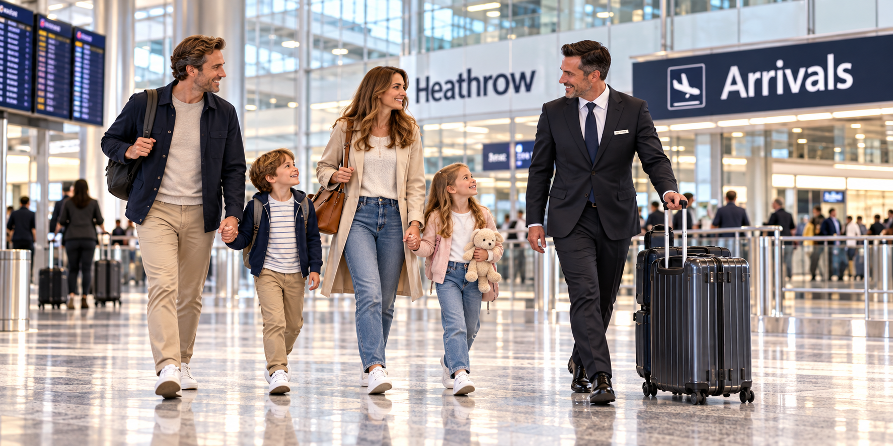 Heathrow Meet and Greet chauffeur service welcoming passengers inside the airport terminal